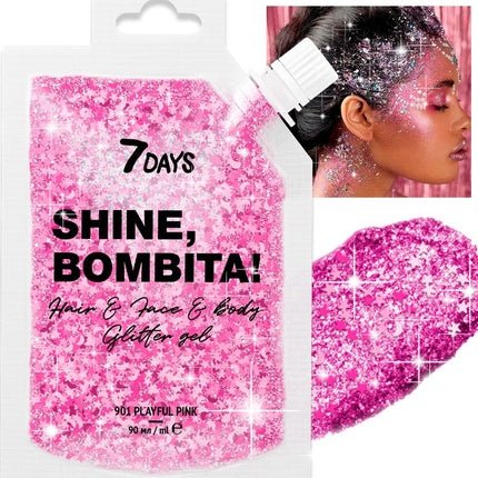 7DAYS Shine Bombita Glitter Gel for Face Hair Body Sparkling Face Paint with Chunky Sequins for Party Rave Festival Halloween Quick - Drying No Glue Holographic Makeup Pink 90ml - Maison des fragrances