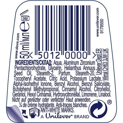 Invisible Dove Dry Roll-On Deodorant Antiperspiring 50ml