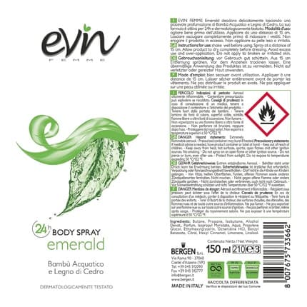 ‎Evin Femme Emerald Aquatic Bamboo and Cedarwood 24h Active Formula Dermatologically Tested Déodorant 150 ml