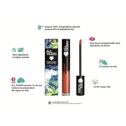 ALL TIGERS Dear to Stand Liquid Lipstick Matt Vegan and Natural Long Lasting Peach Color 682 - Petroleum - Free Lipstick with Organic Ingredients - Maison des fragrances