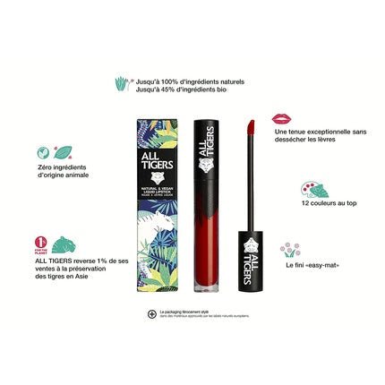 ALL TIGERS Liquid Lipstick Matt Vegan and Natural Long - Lasting Bordeaux - Red Live Fearless 887 - Petroleum - Free Lipstick with Organic Ingredients - Maison des fragrances