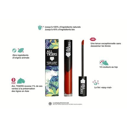 ALL TIGERS Shake the Ground 886 Matt Liquid Lipstick Vegan and Natural Long Lasting Orange - Red Color with Bio Ingredients - Maison des fragrances
