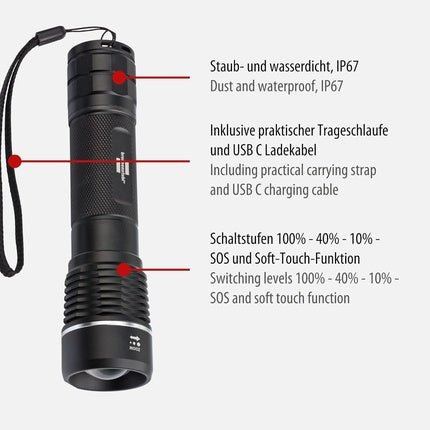 Brennenstuhl Luxpremium Flashlight TL 1201 AF LED Torch USB Rechargeable - Maison des fragrances