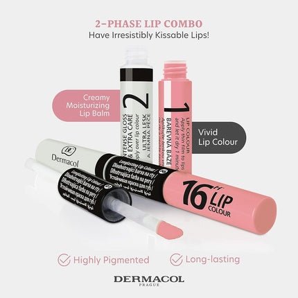 Dermacol 16 - Hour Lip Colour Highly Pigmented Glossy Lip Stain Two - Phase Lip Plumper Gloss Kissproof Lip Makeup Products Matte and Glitter Finish No.1 Nude Pink Lipstick 7.1mL - Maison des fragrances