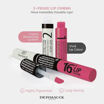 Dermacol 16 - Hour Lip Colour Highly Pigmented Glossy Lip Stain Two - Phase Lip Plumper Gloss Kissproof Lip Makeup Products Matte and Glitter Finish No.6 Rich Violet - Pink Lipstick 7.1mL - Maison des fragrances