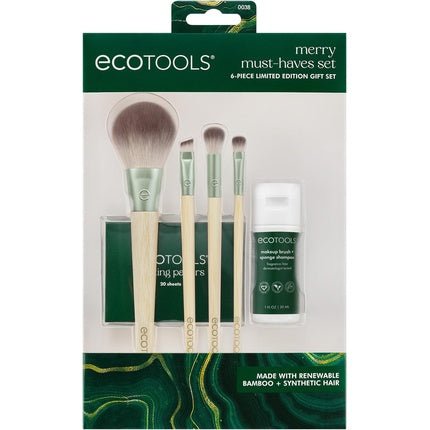 EcoTools Merry Must - Haves Kit Face and Eyeshadow Makeup Brushes Brush Shampoo and Cleanser Blotting Papers for Matte Makeup Eco - Friendly 6 Piece Gift Set - Maison des fragrances
