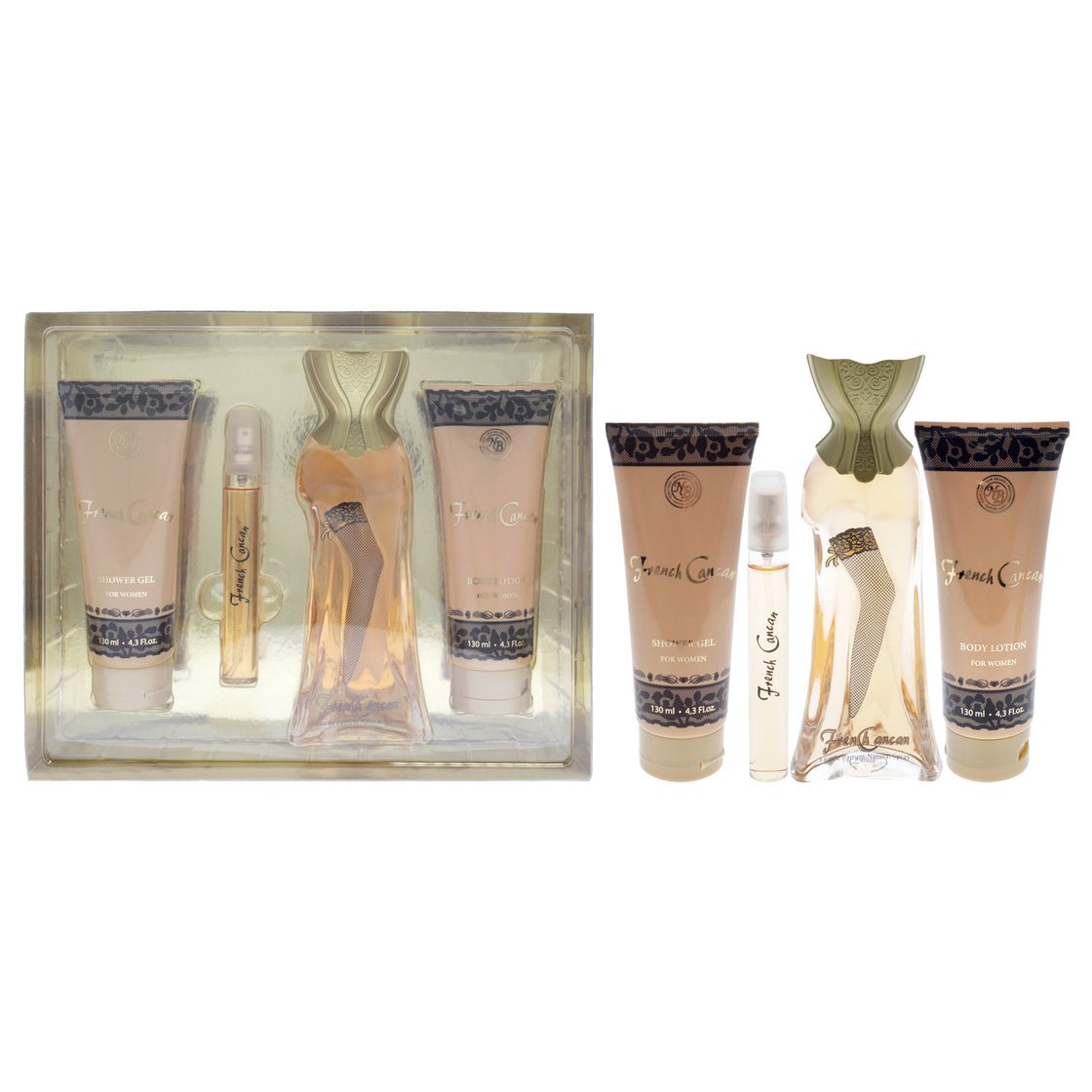 French Cancan par New Brand Femme 4 Piece Gift Set 3.4oz Eau de parfum Spray 0.5oz Eau de parfum Spray 4.3oz Shower Gel 4.3oz Body Lotion - Maison des fragrances