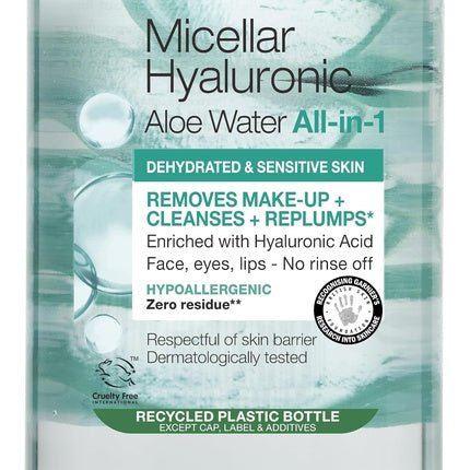 Garnier Micellar Hyaluronic Aloe Cleansing Water For Dehydrated Skin 400ml Replumping Cleanser & Makeup Remover 1 count - Maison des fragrances