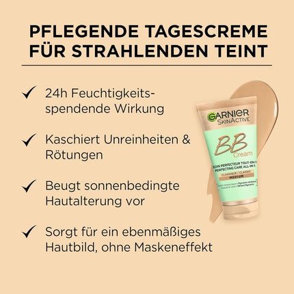 Garnier SkinActive BB Cream All - in - 1 Day Cream with Hyaluronic Acid and Aloe Vera SPF 15 Classic Medium 50ml - Maison des fragrances