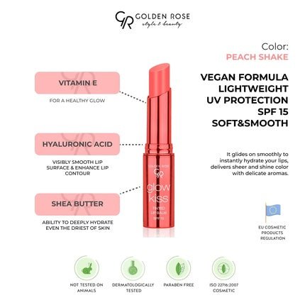 Golden Rose Cosmetics Glow Kiss Tinted Lip Balm with SPF15 Vegan Formula Peach Shake - Maison des fragrances