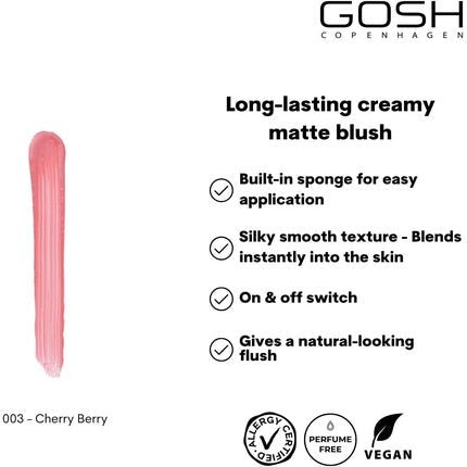 GOSH Cream BLUSH - UP Matte Blush Stick for Defined Facial Features and Smooth Blending Liquid Blush with Built - in Sponge On - the - Go Perfume Free Allergy - Certified Vegan 003 Cherry Berry - Maison des fragrances