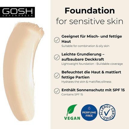 GOSH Foundation with SPF 15 for Light and Dark Skin Vegan Mattifying Makeup for Dry, Sensitive and Oily Skin - 004N - Maison des fragrances
