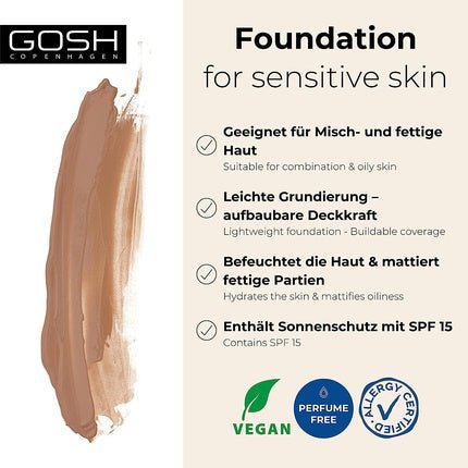 GOSH Foundation with SPF 15 for Light and Dark Skin Vegan Mattifying Makeup for Dry, Sensitive and Oily Skin - 016N - Maison des fragrances