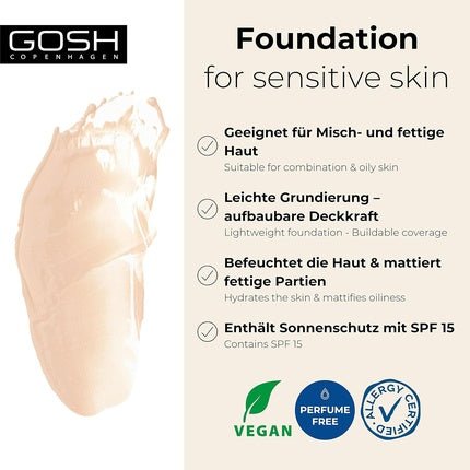 GOSH Foundation with SPF 15 for Light & Dark Skin Vegan Mattifying Makeup for Dry, Sensitive & Oily Skin - 002R - Maison des fragrances