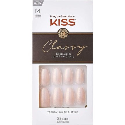KISS Classy French Nail Manicure Kit with Gel Finish Medium Coffin Shape Cosy Meets Cute 28 Fake Nails - Maison des fragrances