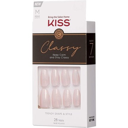 KISS Classy French Nail Manicure Kit with Gel Finish Medium Coffin Shape Cosy Meets Cute 28 Fake Nails - Maison des fragrances