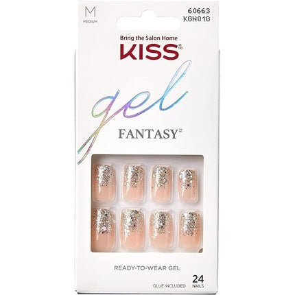 KISS Gel Fantasy Collection Glue - On Manicure Kit Fanciful Medium Length Square Fake Nails 24 Count - Maison des fragrances
