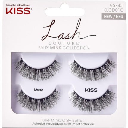 KISS Lash Couture Faux Mink Collection Double Pack of False Lashes Muse Ultrafine Tapered Synthetic Fake Lashes with Lash Glue Black 2 Pair - Maison des fragrances