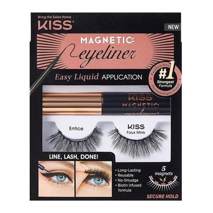 KISS Magnetic Eyeliner & Lash Kit Entice Biotin Infused Black Magnetic Eyeliner with Precision Tip Brush - 1 Pair of Synthetic False Eyelashes with 5 Double Strength Magnets - Smudge Proof - Maison des fragrances