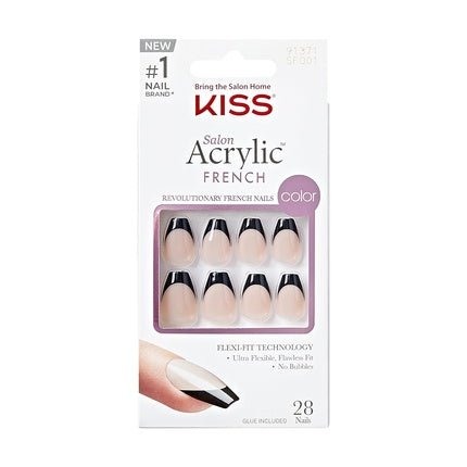 KISS Salon Acrylic French Press - On Nails Flame Dark Black Short Size Coffin Shape Includes 28 Nails 2G Glue 1 Manicure Stick 1 Mini File - Maison des fragrances