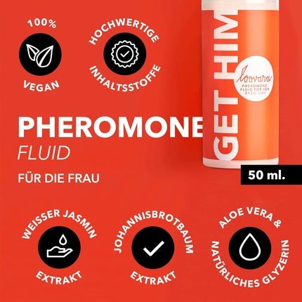 Loovara Pheromone Booster Fluid 50ml for Women - GET HIM - Attraction Effect & Care with White Jasmine, Black Tea Extract, Aloe Vera - Vegan, Natural, Dermatologically Tested - Made in Germany - Maison des fragrances