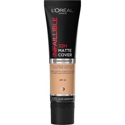 L'Oreal Paris Cover Liquid Foundation with 4% Niacinamide Long Lasting Natural Finish SPF 25 Infallible 32H Matte Cover Shade 135 30ml - Maison des fragrances