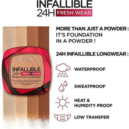L'Oréal Paris Infallible 24H Fresh Wear Powder Foundation 390 Ebony - Full Coverage, Longwear, Weightless, Water - proof and Transfer - proof - Maison des fragrances