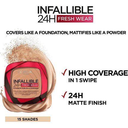 L'Oréal Paris Infallible 24H Fresh Wear Powder Foundation 390 Ebony - Full Coverage, Longwear, Weightless, Water - proof and Transfer - proof - Maison des fragrances