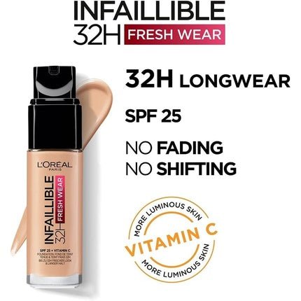 L'Oréal Paris Infallible 32H Fresh Wear Foundation Full Coverage Longwear Weightless Smooth Finish Water Proof Transfer Proof with Vitamin C SPF 25 30ml - Maison des fragrances