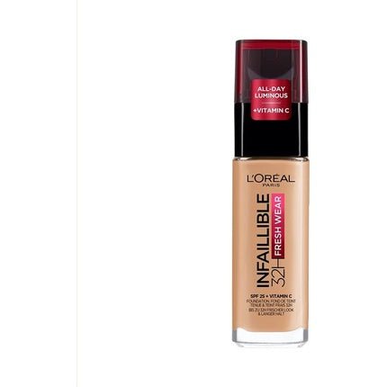 L'Oréal Paris Infallible 32H Fresh Wear Foundation Full Coverage Longwear Weightless Smooth Finish Water - proof Transfer - proof with Vitamin C SPF 25 30ml 250 Radiant Sand - Maison des fragrances