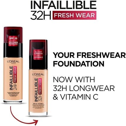 L'Oréal Paris Infallible 32H Fresh Wear Foundation Full Coverage Longwear Weightless Smooth Finish Water - proof Transfer - proof with Vitamin C SPF 25 30ml 250 Radiant Sand - Maison des fragrances