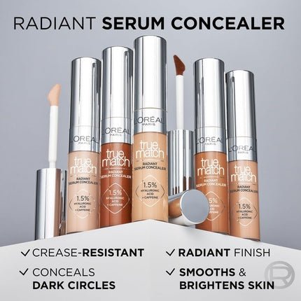 L'Oréal Paris Serum Concealer Medium Coverage Radiant Finish with 1.5% Hyaluronic Acid and Caffeine True Match 10ml - Maison des fragrances