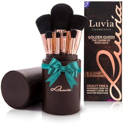 Luvia Makeup Brush Set Golden Queen 15 Kabuki Makeup Brushes Including Makeup Beauty Brush Holder & Travel Makeup Bag for Cosmetic Brushes Professional Brush Set in Brown/Rose Gold - Vegan Cosmetics - Maison des fragrances