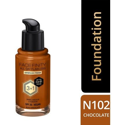 Max Factor Facefinity 3 - in - 1 All Day Flawless Foundation SPF 20 102 Chocolate 200g - Maison des fragrances
