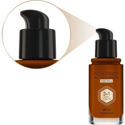 Max Factor Facefinity 3 - in - 1 All Day Flawless Liquid Foundation SPF 20 102 Chocolate 30ml - Maison des fragrances