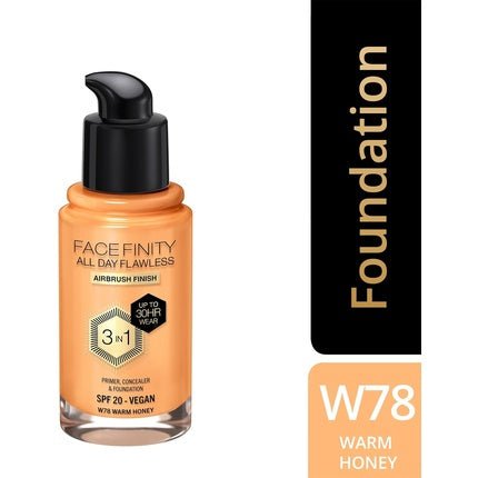 Max Factor Facefinity 3 - in - 1 All Day Flawless Liquid Foundation SPF 20 78 Warm Honey 30ml - Maison des fragrances