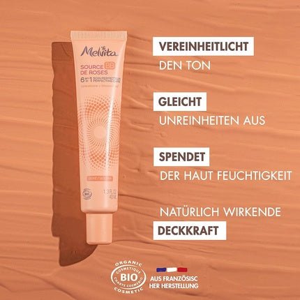 Melvita BB Cream Source de Roses Gold 100% Natural Pigments Certified Organic Silicone - Free Natural Coverage 6 - in - 1 40ml - Maison des fragrances