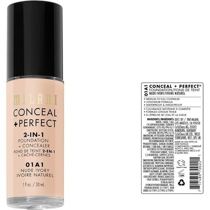Milani Conceal + Perfect 2 - in - 1 Foundation + Concealer Nude Ivory 1 Fl. Oz. Cruelty - Free Liquid Foundation - Maison des fragrances