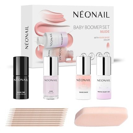 Neonail Baby Boomer Nude Nail Base Set - 7.2ml Base, 6.5ml White Hybrid Nail Polish, 7.2ml Top Coat, 10 Wooden Sticks, 8 Ombre Sponges - Maison des fragrances