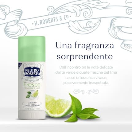 Neutro Roberts Deodorant Stick Fresh Green Green Tea and Lime Zero Aluminum Salts No Stains with Pure Glycerin Oil Deodorant and Dermatologically Tested 48h Green Tea and Lime Déodorant (Déo) Femme 40ml - Maison des fragrances