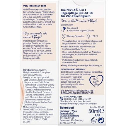 NIVEA BB 5 in 1 Day Cream 24h Moisture 50ml SPF 20 with Organic Jojoba Oil & Makeup Pigments Light Skin Type - Maison des fragrances
