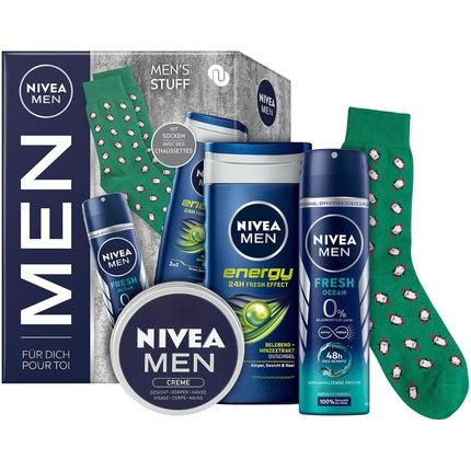 NIVEA MEN Mens Stuff Gift Set with Moisturizing Care Products - Includes NIVEA MEN Energy Shower Gel, Fresh Ocean Deodorant Spray, NIVEA MEN Cream, and Socks - Maison des fragrances