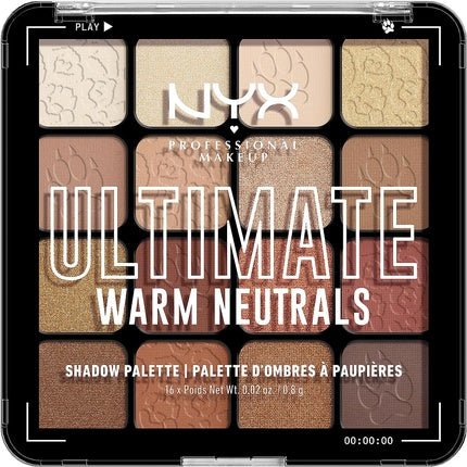 NYX Professional Makeup Ultimate Shadow Palette 16 Vibrant True - To - Pan Eyeshadow Shades Metallics Shimmers Colours and Nudes in Pressed Pigments Vegan Warm Neutrals 0.8g - Maison des fragrances