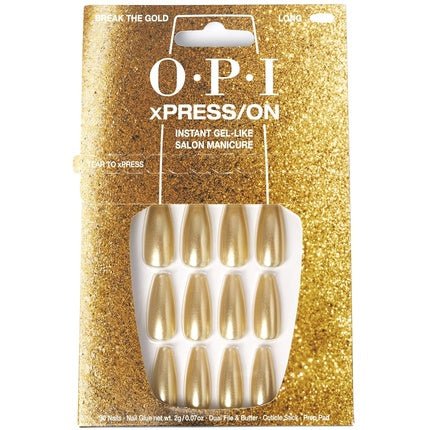 OPI xPRESS/ON Press On Nails Up to 14 Days of Gel - Like Salon Manicure Vegan Sustainable Packaging With Nail Glue Long Gold Shimmery Coffin Shape Nails Break the Gold - Maison des fragrances