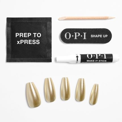 OPI xPRESS/ON Press On Nails Up to 14 Days of Gel - Like Salon Manicure Vegan Sustainable Packaging With Nail Glue Long Gold Shimmery Coffin Shape Nails Break the Gold - Maison des fragrances