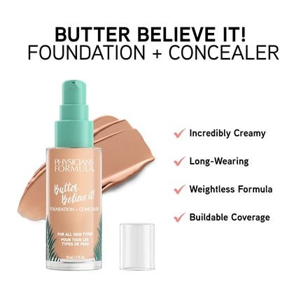 Physicians Formula Murumuru Butter Believe It! Foundation + Concealer with Murumuru Butter, Cupuaçu, and Tucuma for Radiant Glow - Medium Beige - Maison des fragrances