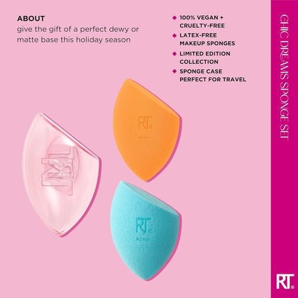 Real Techniques Limited Edition Chic Dreams Sponge Kit Makeup Blending Sponges for Matte or Dewy Skin Foundation Sponges and Travel Case Buildable Coverage Latex - Free 3 Piece Gift Set - Maison des fragrances
