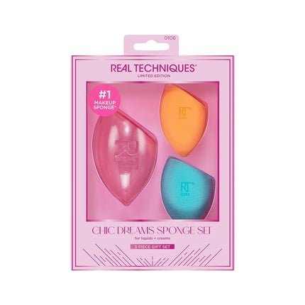 Real Techniques Limited Edition Chic Dreams Sponge Kit Makeup Blending Sponges for Matte or Dewy Skin Foundation Sponges and Travel Case Buildable Coverage Latex - Free 3 Piece Gift Set - Maison des fragrances