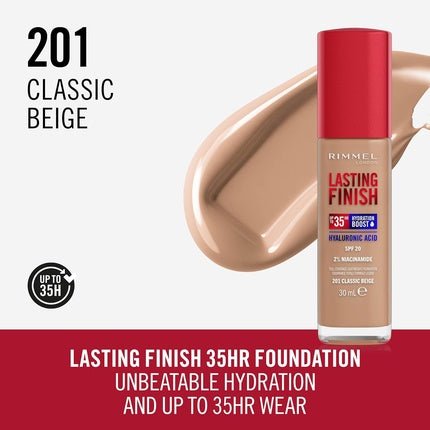 Rimmel Lasting Finish 35h Strongly Moisturizing And Long - Lasting Coverage Foundation With Spf20 Filter 201 Classic Beige 30ml - Maison des fragrances