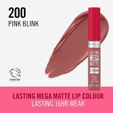 Rimmel London Lasting Mega Matte Liquid Lipstick Long - Lasting Hydrating Vegan Formula 7.4ml 200 Pink Blink - Maison des fragrances